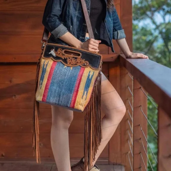 GUC Myra Bag Blue Stream Hand Tooled Fringe Crossbody Hand Carry Bag, Gorgeous - Picture 2 of 16